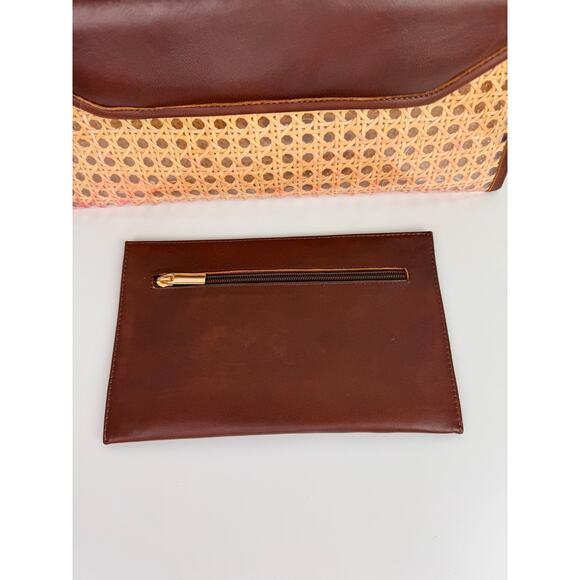 VINTAGE Raffia Rattan Leather Trim Woven Clutch Purse Handbag & Zip Pouch Bag - Picture 3 of 16